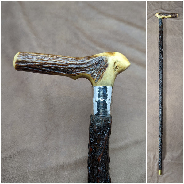 1908 British Antique Men's Walking Stick Deer Antler Clutch Handle 85cm